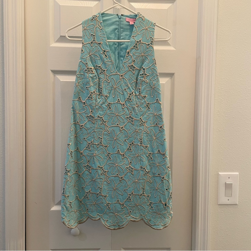 Lilly Pulitzer Estella Skye Blue Metallic Sanddollar Dress Size 4